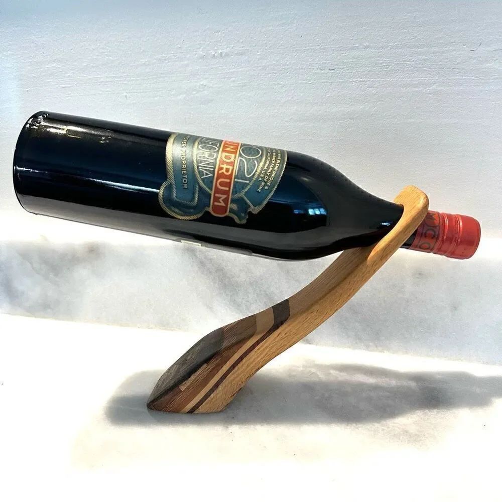 Handmade Handcarved Balancing Gravity Wooden Wine Stand Art or Rack Great Gift